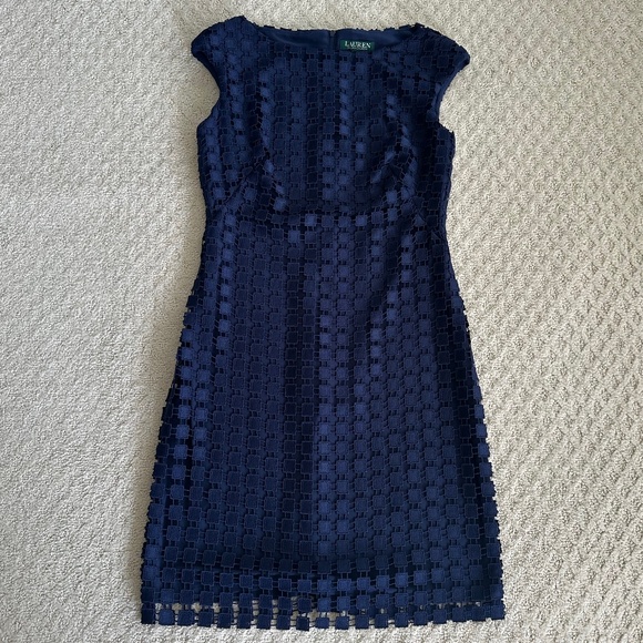 Lauren Ralph Lauren Geometric Square Lace Sheath Dress Office Navy Blue Size 4 - Picture 3 of 14